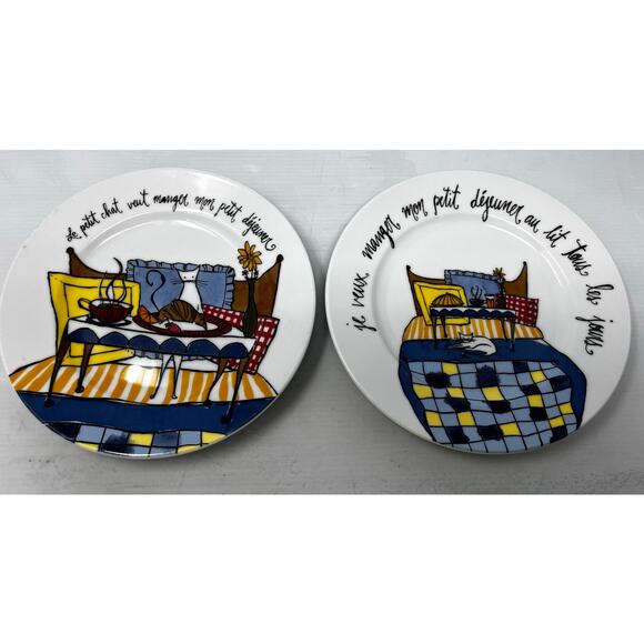 Pottery Barn French Cat Small Salad/Dessert Plate 8 inches Pre-Owned Set of 2 - Picture 1 of 5